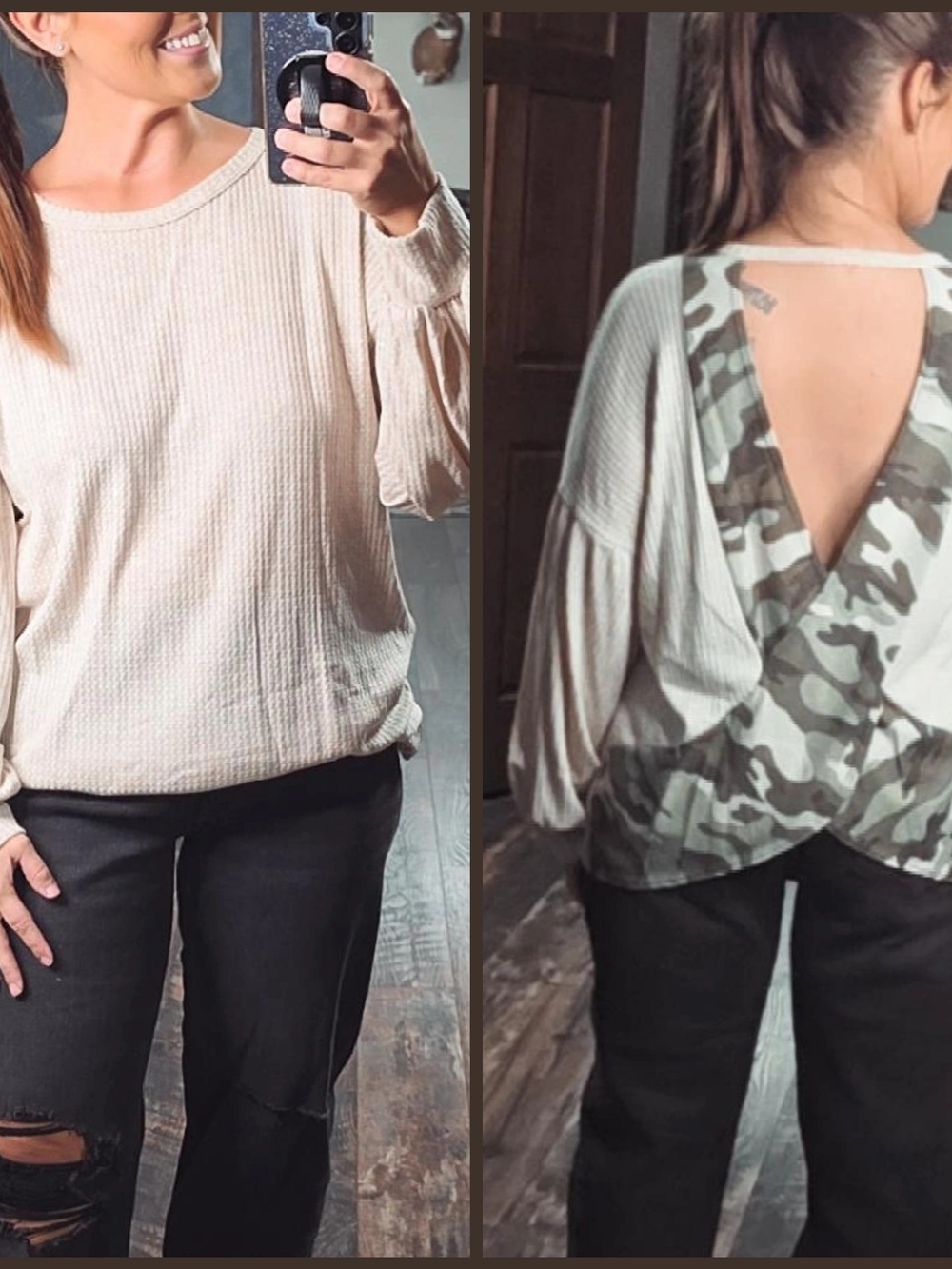 Waffle Knit Open-Back Top with Camo Detail - Cream